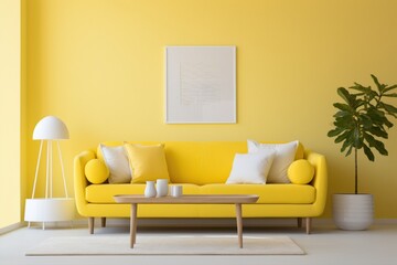 A bright and airy living space in sunny lemon yellow tones, highlighting an empty white frame against a backdrop of clean, modern design.