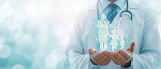 Close-up Of A Doctor's holding Family Cut Out. Concept of family health insurance.