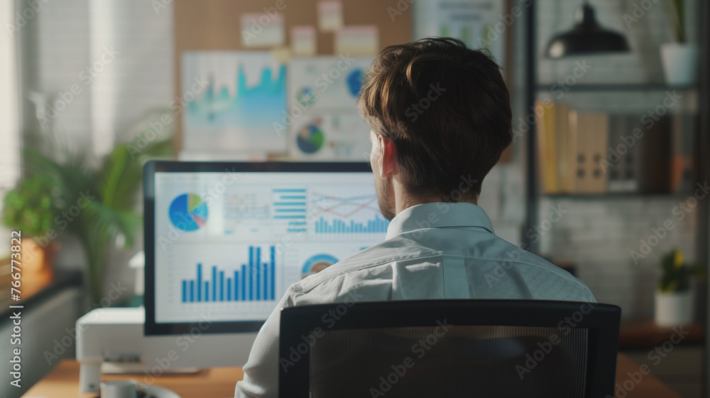 Poster a person immersed in deep concentration, sitting in front of a glowing computer monitor, interacting