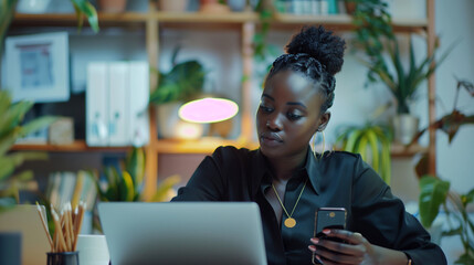 A creative woman sits gracefully in front of a glowing laptop, fully engaged in her work, surrounded by a world of technology