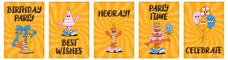 Happy birthday posters set. Vintage walking characters in retro groovy style. Funky mascot with psychedelic smile. Vector illustration