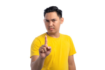 Unhappy Asian man showing stop or rejection with angry expression isolated on white background