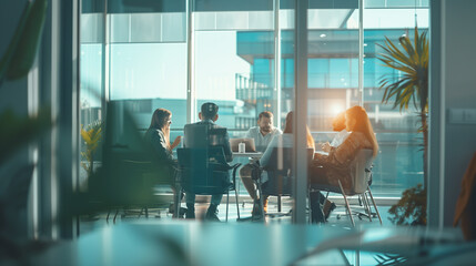 A diverse group of individuals engaged in lively discussions and brainstorming ideas while seated around a wooden table in a bright, modern room, business concept