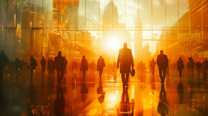 A diverse group of people walking down a city street flanked by towering skyscrapers, their figures casting long shadows in the sunlight