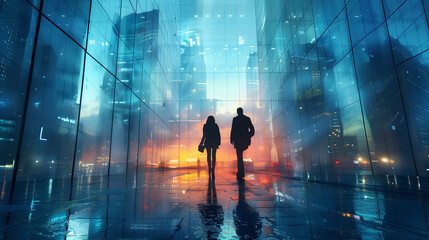 A pair of individuals leisurely walking through the illuminated city streets on a calm night