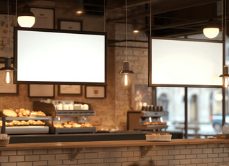 Mock up screen frame template in Caf, restaurant.