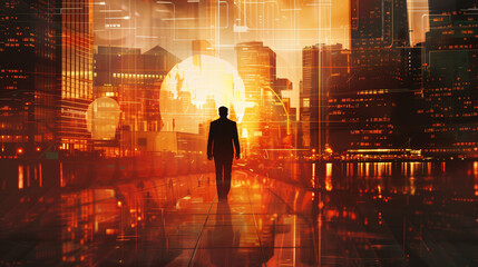 A man in casual attire stands in contemplation before a sprawling cityscape at night, illuminated by the vibrant lights and shadows of skyscrapers and city life, business concept