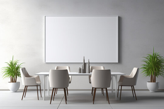 A modern and professional meeting area with a minimalist design. The blank white empty frame on the wall allows for versatile customization.