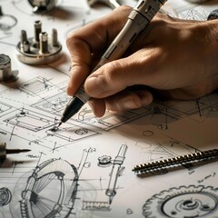 An engineer drawing mechanical blueprints with an electric pen, in a closeup of the hand holding and writing on paper using pencil The background is filled with detailed technical drawings of machiner