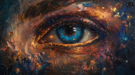 A vibrant painting of a persons third eye opening with sparkling cosmic energy emanating from it signifying an awakening of the mind to the universal consciousness. - obrazy, fototapety, plakaty