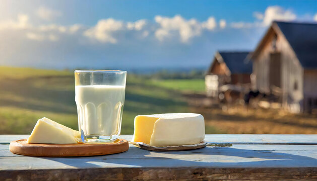 Image material of milk, cheese, butter, dairy products. Dairy products photographed on a farm.
