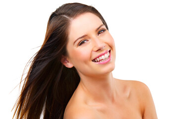 Happy woman, portrait and hair with beauty, shine and keratin shampoo with cosmetic care on white background. Haircare, wellness and cosmetology for glow, self care and salon treatment in studio