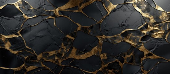 Elegant black marble wallpaper design accented with shimmering gold foil elements for a luxurious...