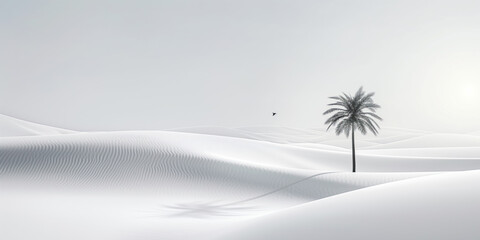 Minimalistic desert landscape. Sand, palm tree and bird. 