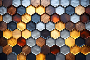 hexagonal colored mosaic background of different types of wood. abstract background geometric texture