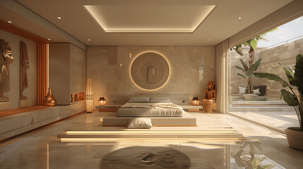 Modern Bedroom with Egyptian-Inspired Decor and Lighting