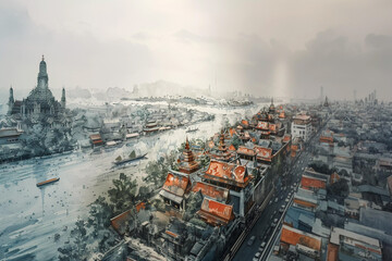 Obraz premium Ethereal Dawn over Bangkok Temples