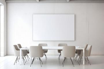 A minimalist white meeting room with sleek furniture and a vibrant, empty white frame against the wall.