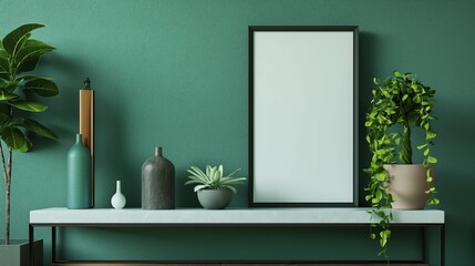 High quality wall art frame mockup. Green wall frame. Modern style home interior design