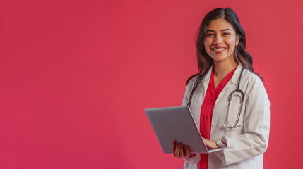 Full length portrait Smiling young Hispanic self employed doctor woman standing in studio with laptop in hand on Coral background professional photography.
