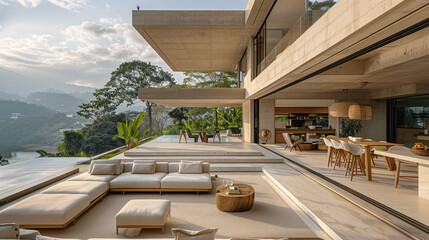Fototapeta premium Modern Luxury Home Interior with Infinity Pool and Mountain View