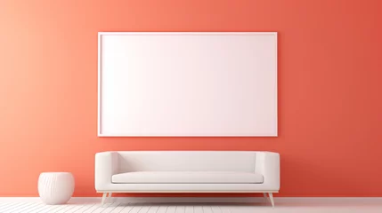 Fototapeten A minimalist space in bright coral tones, with an empty white frame serving as a focal point against a backdrop of clean lines and subtle lighting. © LOVE ALLAH LOVE