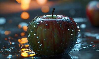 Apple with dew drops, close-up photography ,hyperdetailed, hyperrealistic