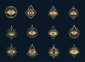 Golden third eye symbol, mystic and celestial eye
