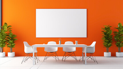 A minimalist meeting room with vibrant orange accents, showcasing an empty white frame against a sleek wall design.