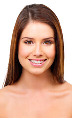 Obraz premium Portrait, skincare and woman with cosmetics, smile and dermatology isolated on white studio background. Face, person or model with mockup space or shine with glow or wellness with beauty or self care