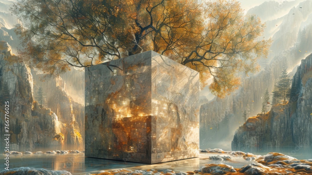 Poster from one side the cube appears solid and unchanging but upon closer inspection one can see the intri