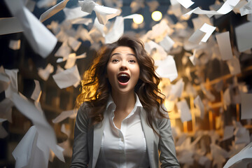 emotional business woman in a suit in the office among flying papers and documents. deadline. concept of solving business issues during working hours