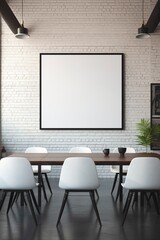 A black and white meeting room with a whiteboard wall and a blank white empty frame.