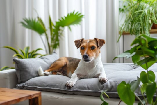 Adorable dog is lying on a cozy sofa in a modern living room, Modern living room interior