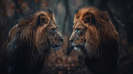 Two lions in a forest looking at each other, the style is dreamy and romantic with a close-up perspective. - obrazy, fototapety, plakaty