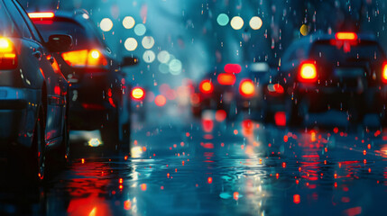 A traffic jam on a wet road with cars waiting, in a style of backlit photography with streamlined...