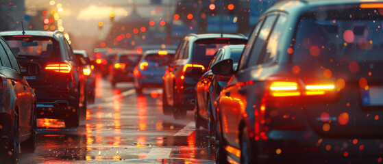 Traffic in the rain on a city street during sunset, with a style focused on environmental awareness and reductionist form.