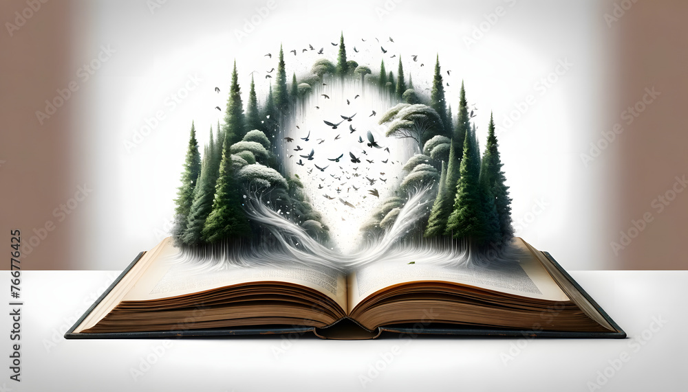 Poster an open book with an enchanting portal to another world, showcasing trees and birds flying through t