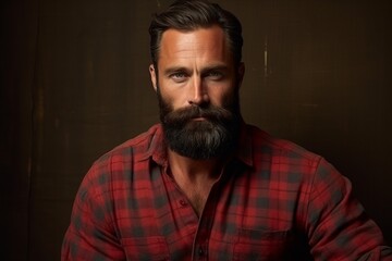 Portrait of a handsome man with long beard and mustache wearing a red checkered shirt