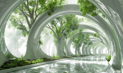 A tunnel within a tunnel, depicted in a rustic futurism style with ethereal nature scenes.