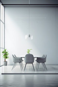 A minimalist gray meeting room with a large glass wall and a blank white empty frame.