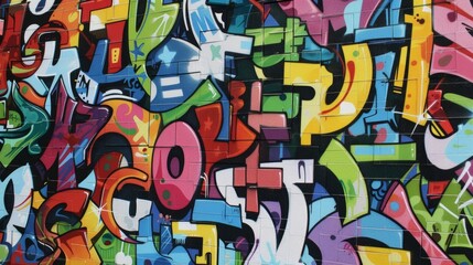 A graffitied wall covered in vibrant stylized typography in various fonts and colors representing the diverse voices and cultures of the urban environment.
