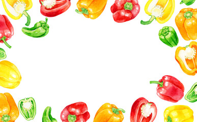 パプリカとピーマンのカラフルなフレーム　野菜の手描き水彩イラスト背景素材