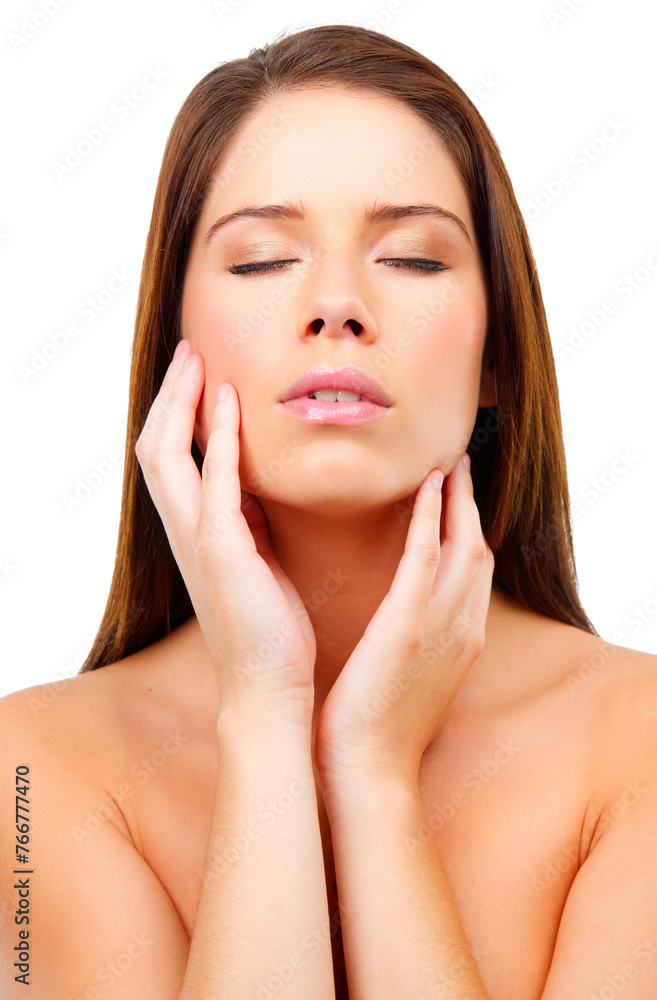 Poster Face, hands and skin with woman for beauty in studio, dermatology with wellness and shine on white background. Skincare, cosmetics and peace with facial, glow and organic treatment for self care