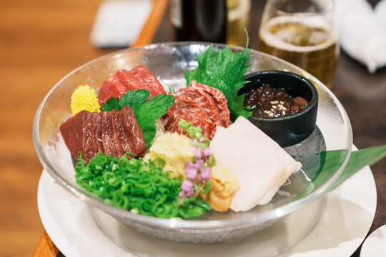 horse meat pieces sashimi or Japanese Basashi. Baniku includes lean meat, superb marbling, mane and liver. Premium meat and famous food in Matsumoto city, Nagano Prefecture, Japan