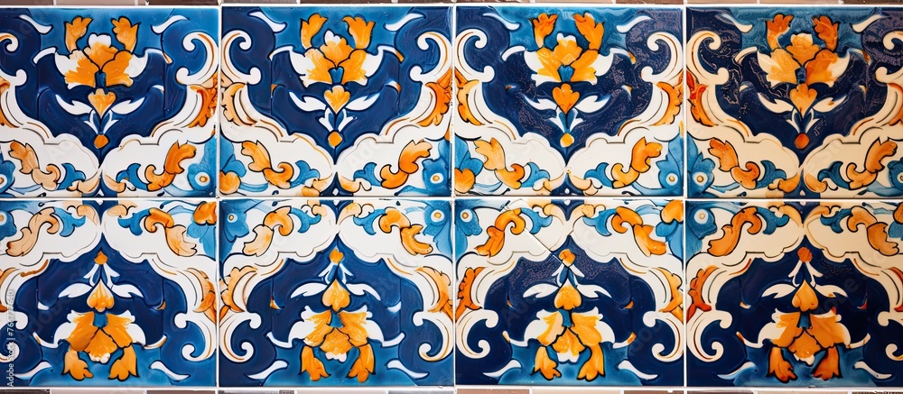 Poster detailed view of a decorative tile featuring a vibrant blue and yellow pattern, adding a pop of colo