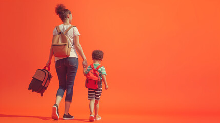 Mother and pupil and kids holding hands going to school in first class with schoolbag or satchel walking to school bus, Parent and son,sister preschool on Coral color background