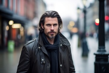 Portrait of a handsome man wearing a leather jacket in a city street