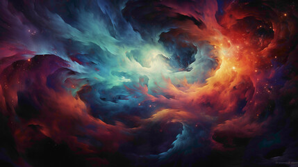 A luminescent vortex of swirling colors against a dark backdrop, evoking a cosmic dance.