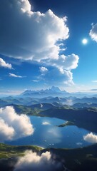 Blue sky with clouds drifting over the sea, framed majestic mountains and lush green forests